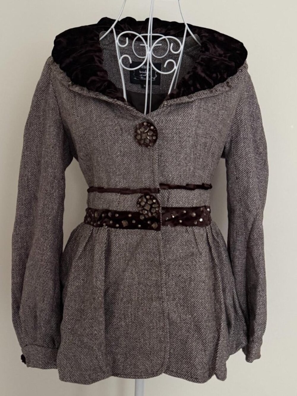 Badod Vintage Tweed Velvet Trim Peplum Jacket